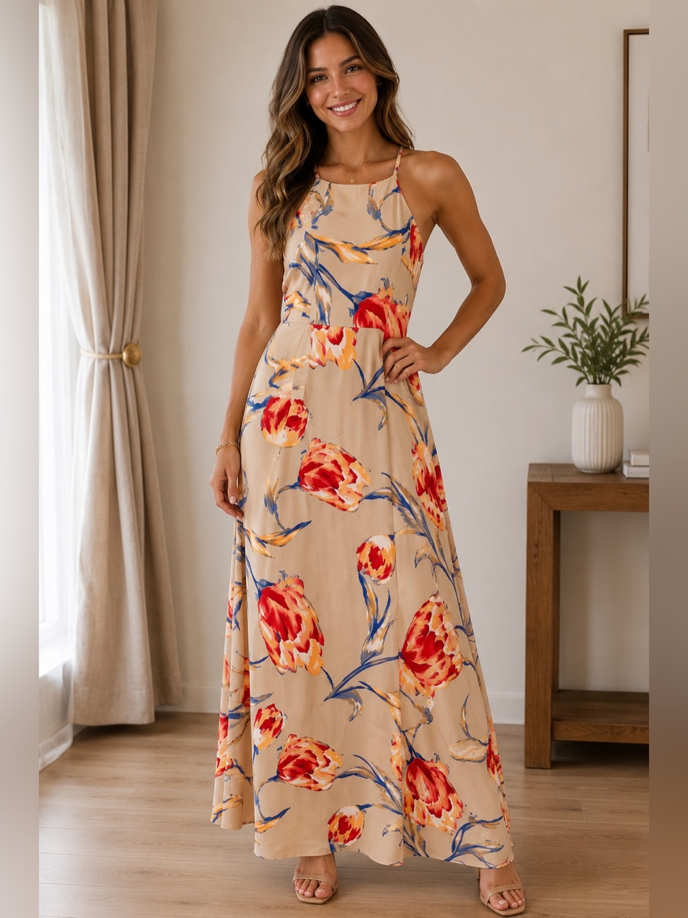 fab'rik Beige Maxi Dress with Red & Blue Floral Print